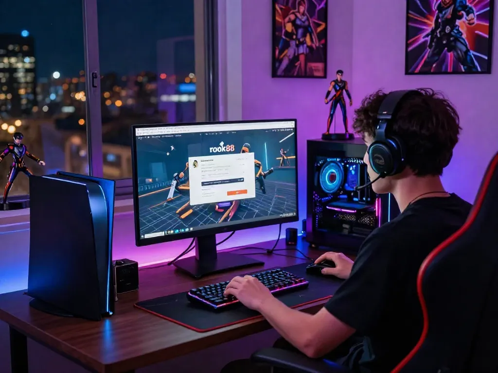 Person gaming at desk with rokok88 link login displayed on screen, vibrant colorful setup.