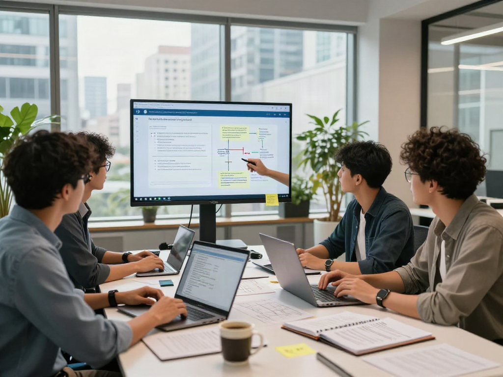 Dynamic collaboration in a tech workspace showcasing document fraud detection software analysis and strategy.