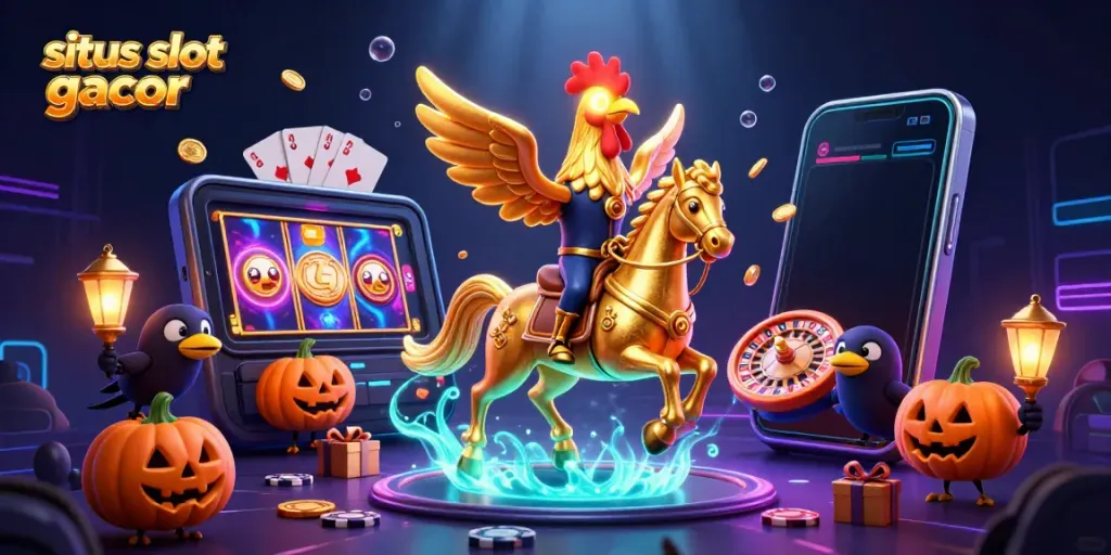Gambaran situs slot gacor yang menonjol dengan karakter ayam emas dan elemen kasino yang dinamis.
