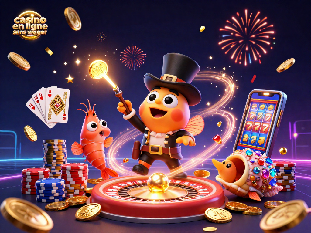 Visuel dynamique d'un casino en ligne sans wager, avec des personnages interactifs et des éléments de jeu captivants.