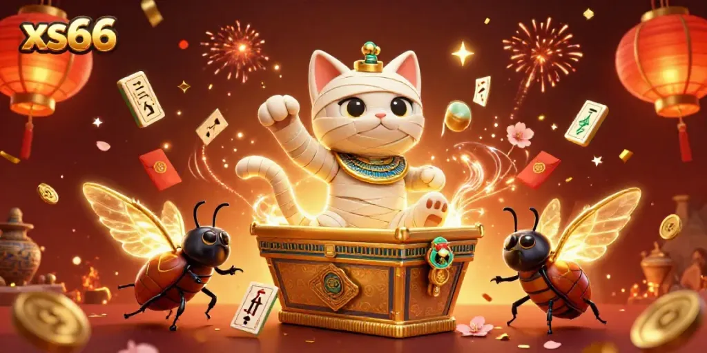 Win big with xs66 at the pyramid casino featuring a lively mummy cat and glowing scarab in an illustrated gaming scene.
