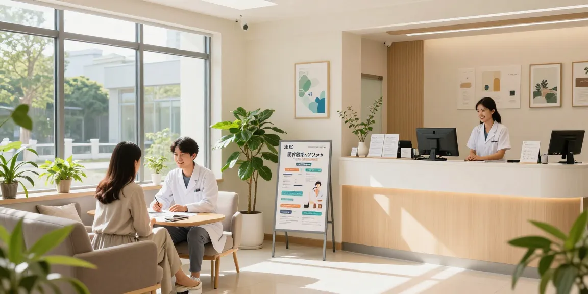 医療脱毛+クリニックの外観、医療専門家と患者の交流、明るい雰囲気。