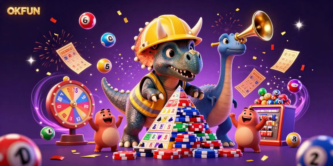 OKFUN offers thrilling lottery and casino fun with cheerful characters celebrating a poker chip pyramid.