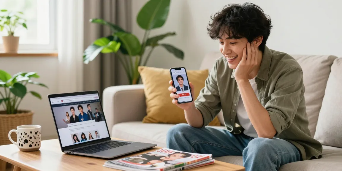 Excited person discovering their celebrity look alike on a smartphone in a cozy living room.