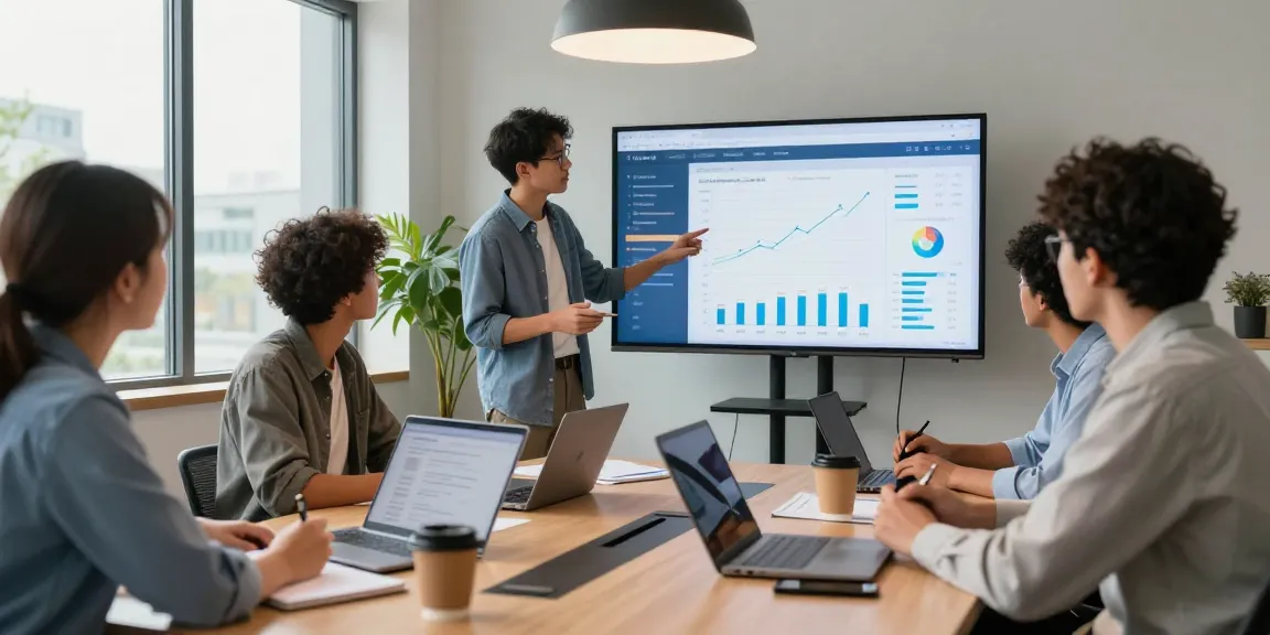 Team collaborating in a modern SEO agency office, discussing strategies and analyzing data for better marketing outcomes.
