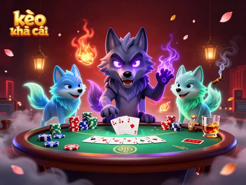 Engage with the kèo nhà cái betting scene surrounded by vibrant poker elements and spectral wolves.