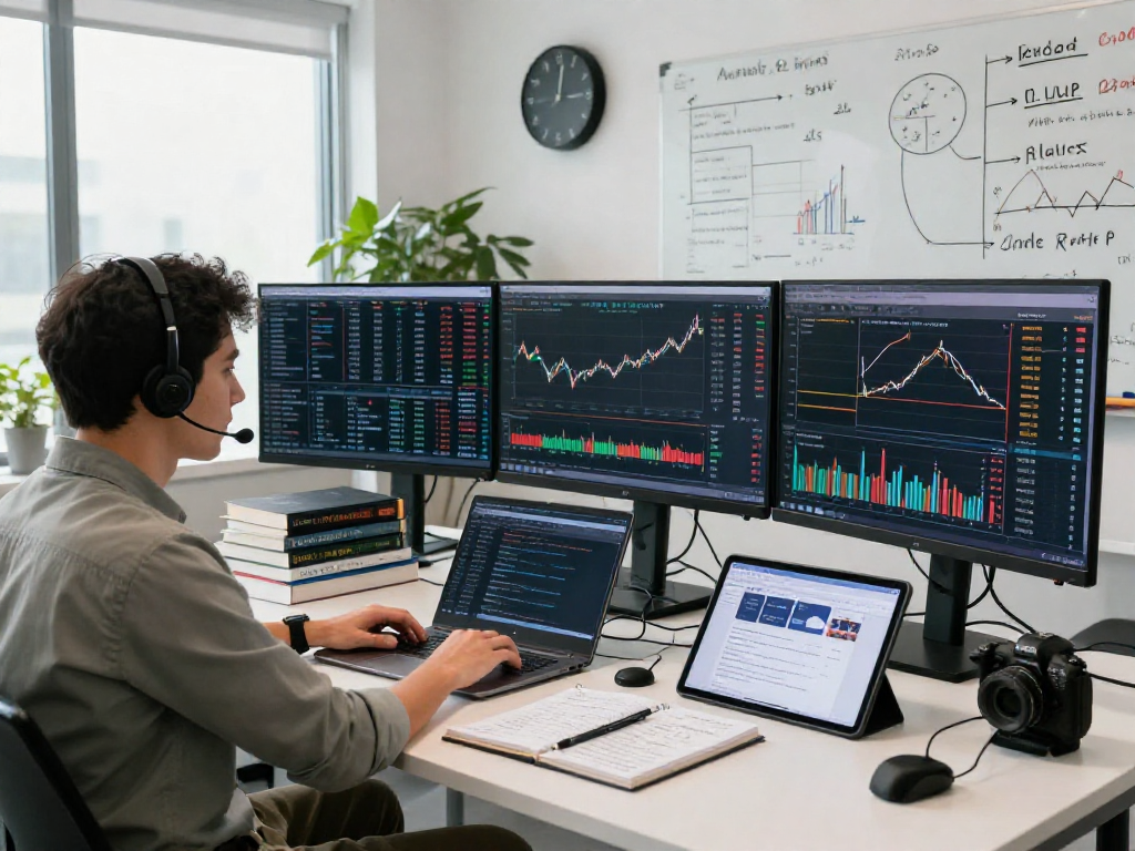 Analyzing Frankfurt exchange data feed in a high-tech trading office with multiple monitors.
