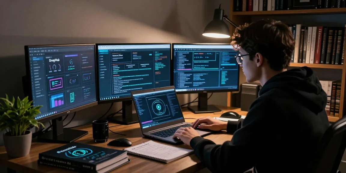 Researching Best Darknet Markets 2026 in a dimly lit room with multiple screens and notepads.