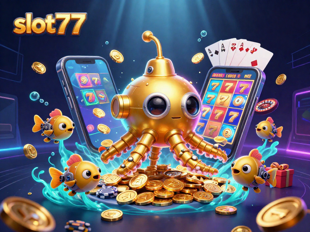 Engage with slot777 action in an exciting 3D illustration featuring dynamic slot games and treasures.