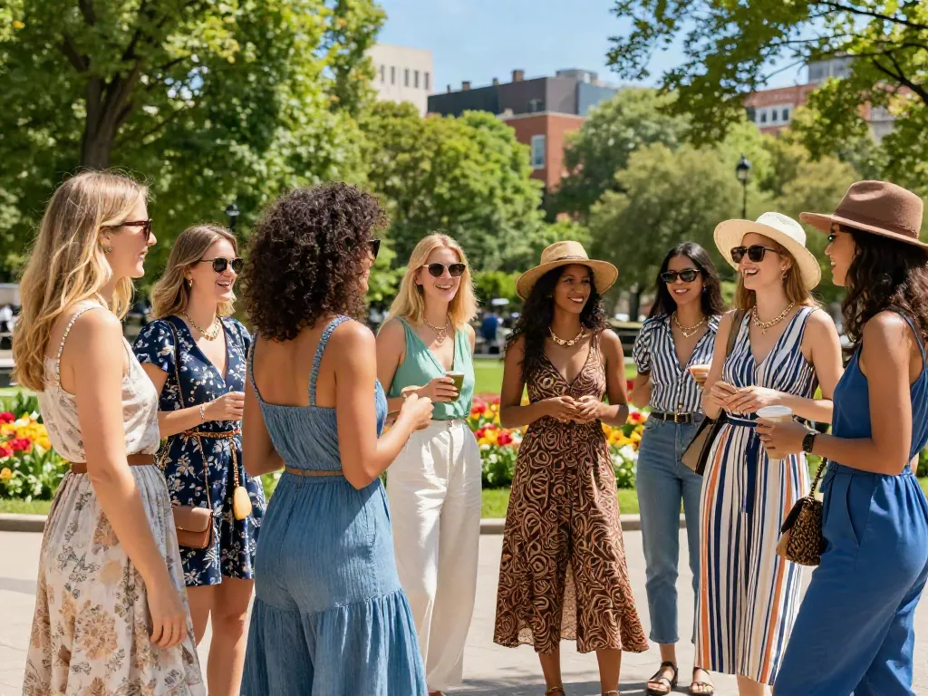 Vrouwen in trendy dameskleding genieten van de zomer in een stadspark.