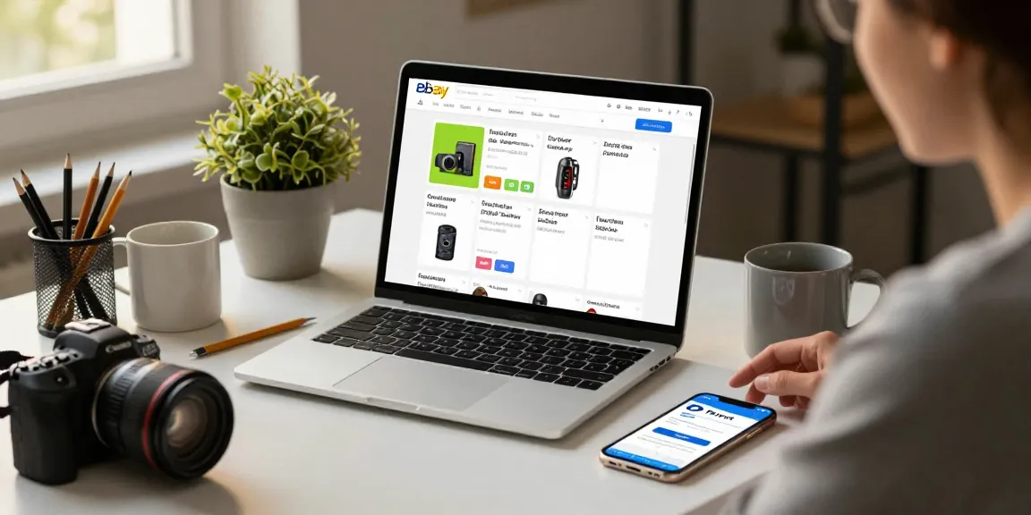 Buy verified eBay account shown in a modern home office setting, highlighting secure online shopping.