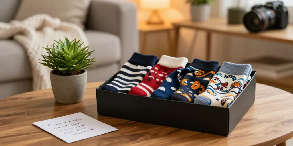 Men's sock gift box showcasing vibrant, patterned socks in a cozy setting.