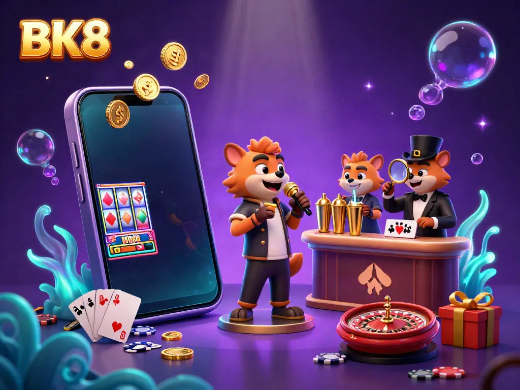 Engage in the BK8 comedy casino experience featuring playful hyenas in a vibrant gaming scene with dynamic elements.