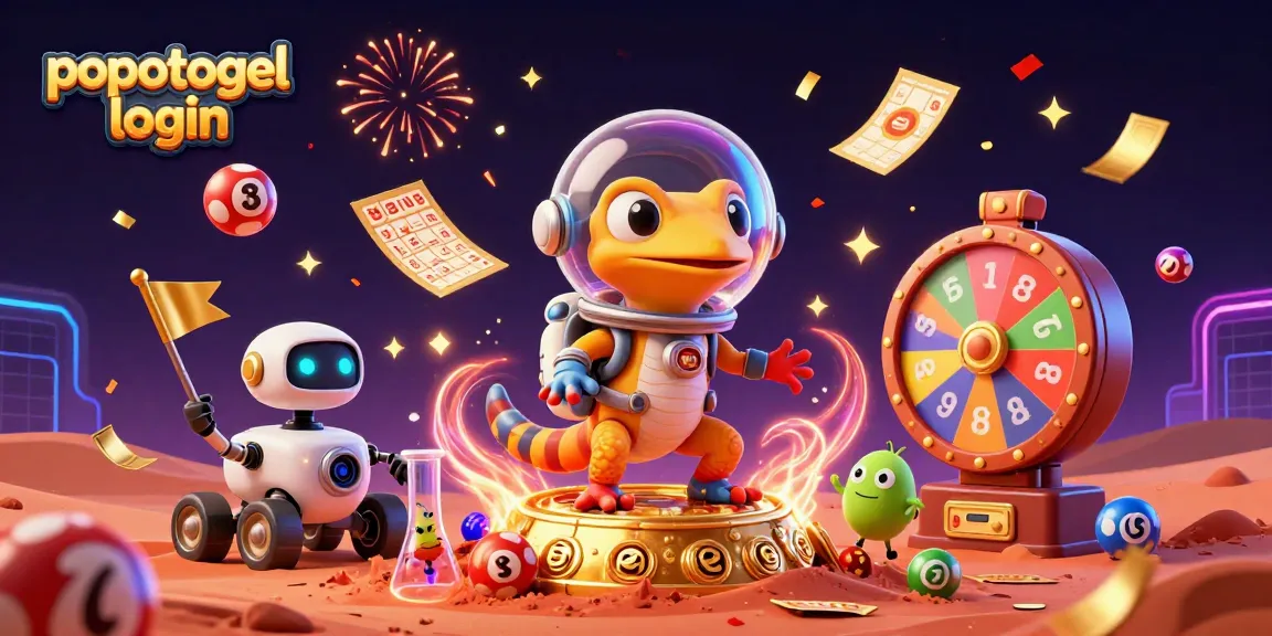 Experience popotogel login excitement with a vibrant alien casino scene featuring a 3D cartoon Martian gecko.