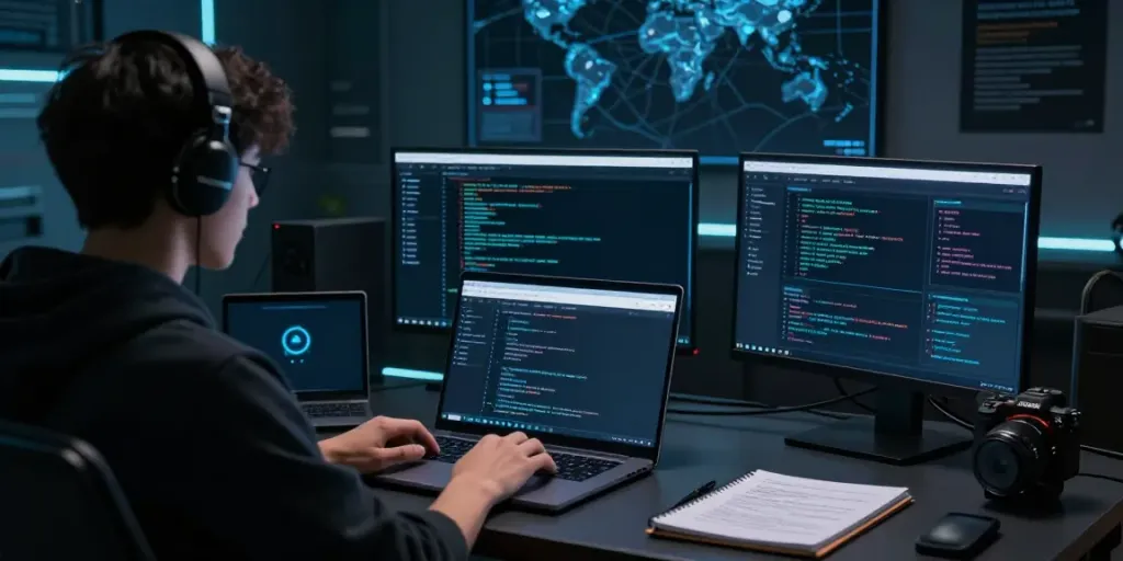 Explorer using the hidden wiki official site in a tech-driven workspace filled with glowing screens and cyber tools.