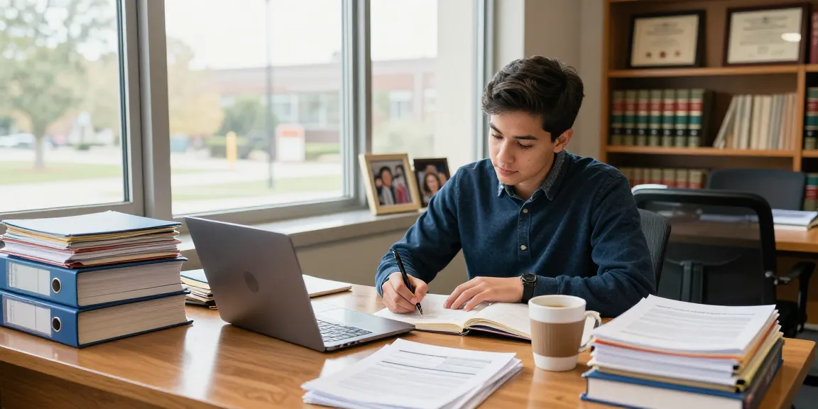 Bradley Robinson Alabama studying in law school, surrounded by textbooks and legal notes.