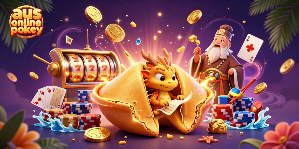 Play aus online pokies at a vibrant casino with cascading coins and slot machine action.