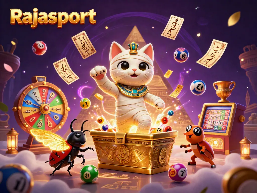 Bermain Rajasport dengan kucing mummy Mesir dan unsur permainan yang penuh warna.