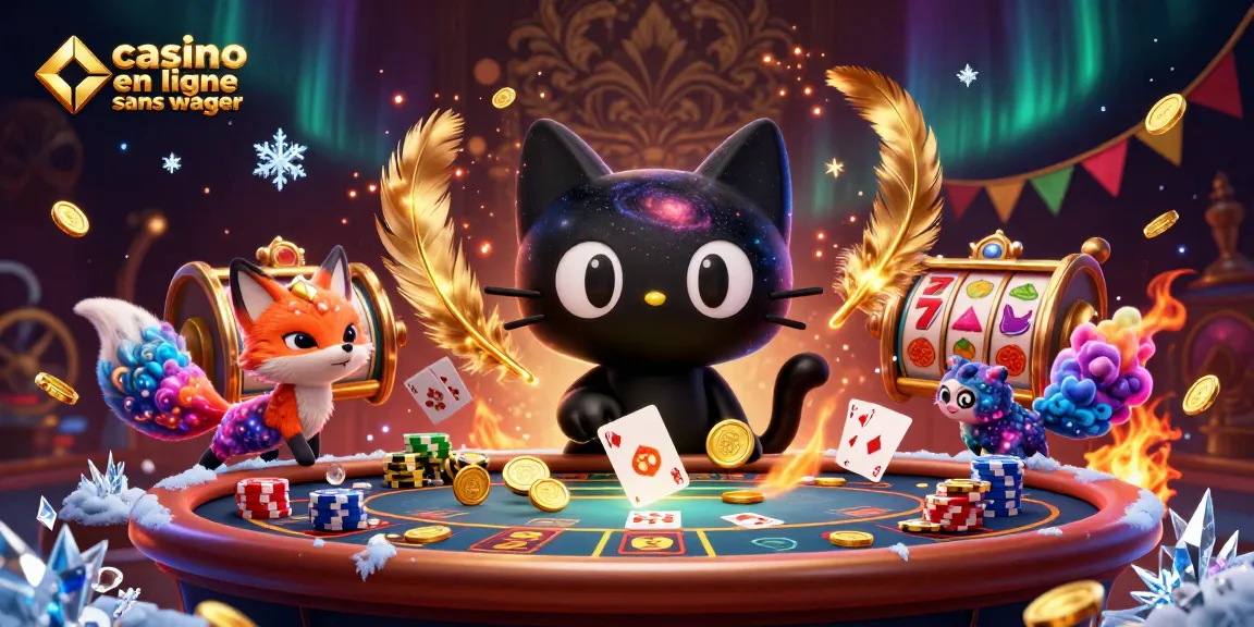 Visualisez la magie du casino en ligne sans wager avec un chat noir trou noir au centre d'une table animée.