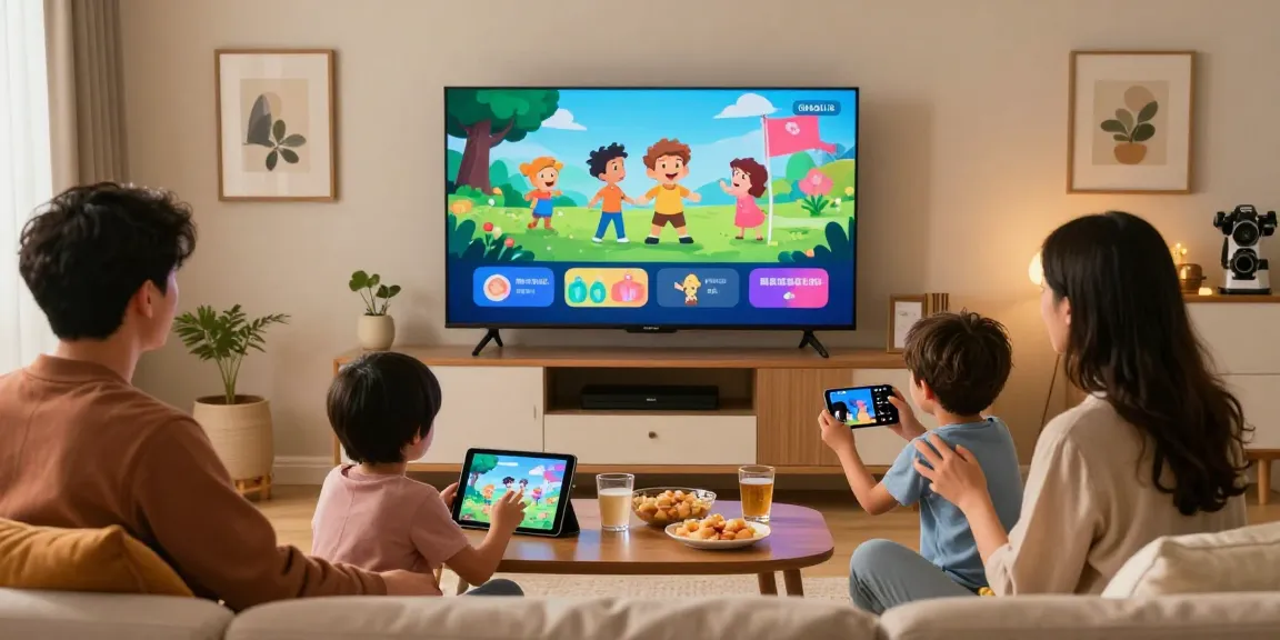 Family enjoying IPTV streaming on a smart TV in a cozy living room