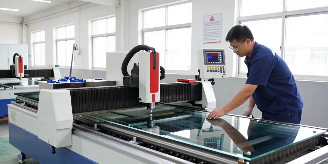 Technician operating a precise glass cutting machine in a modern workshop.