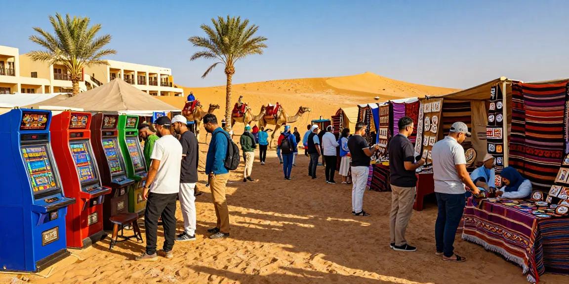 Travelers enjoying colorful slot machines in a vibrant desert market