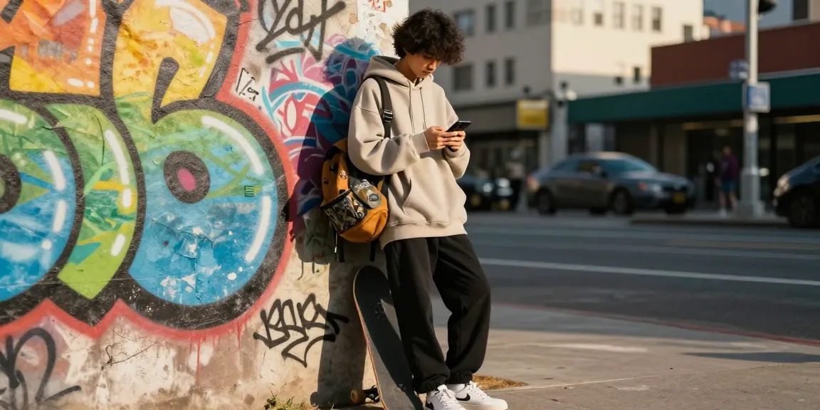Stylish individual wearing essentials hoodies in urban street setting, showcasing trendy fashion.