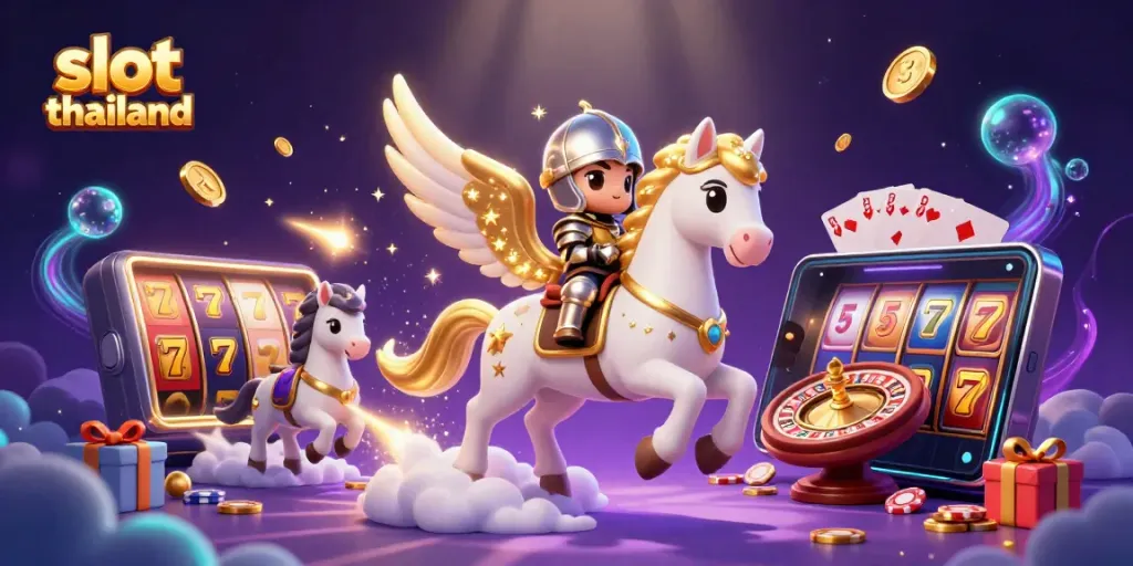 Experience thrilling gameplay with slot thailand through a vibrant 3D scene of galloping characters and slot elements.