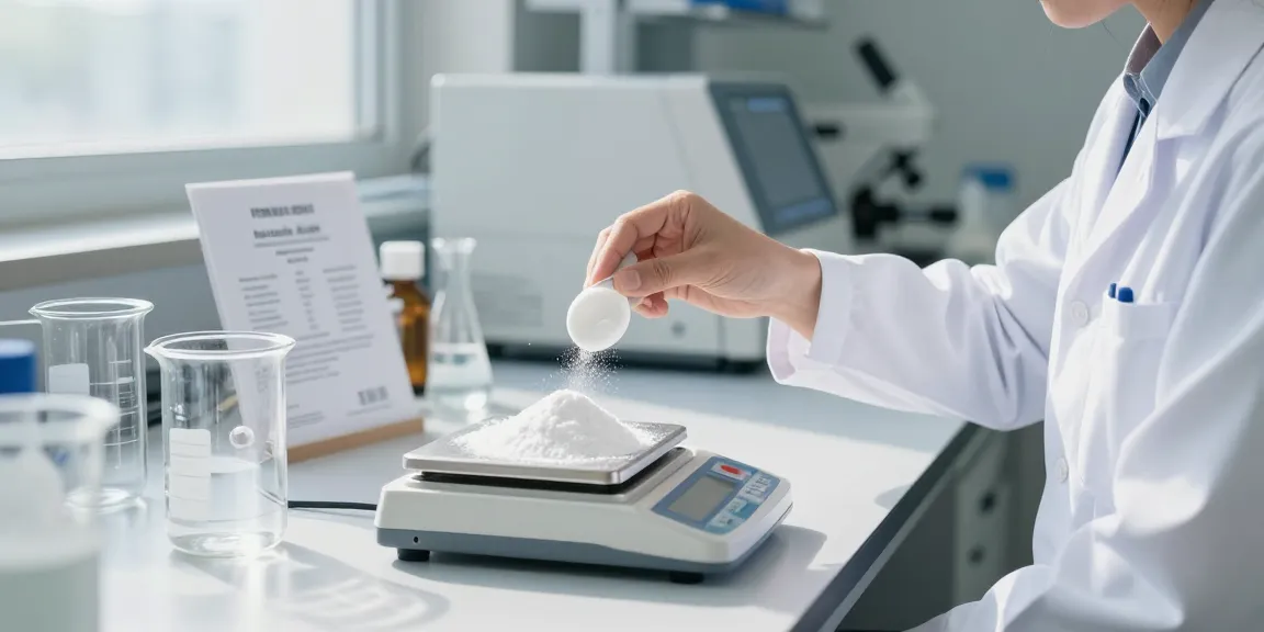 Scientist measuring ferulic acid powder in a modern lab, highlighting quality and purity standards.