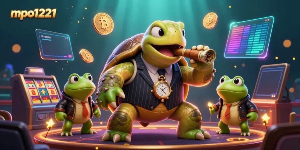 Play thrilling casino games at mpo1221 with a cartoon turtle in a mobster suit and glowing crypto coins.