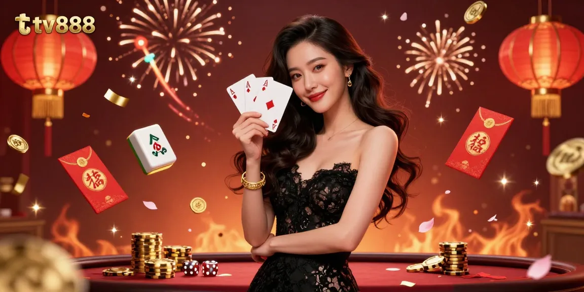 Engage in thrilling gameplay at tv888 with an elegant woman showcasing winning ace cards in a vibrant casino.