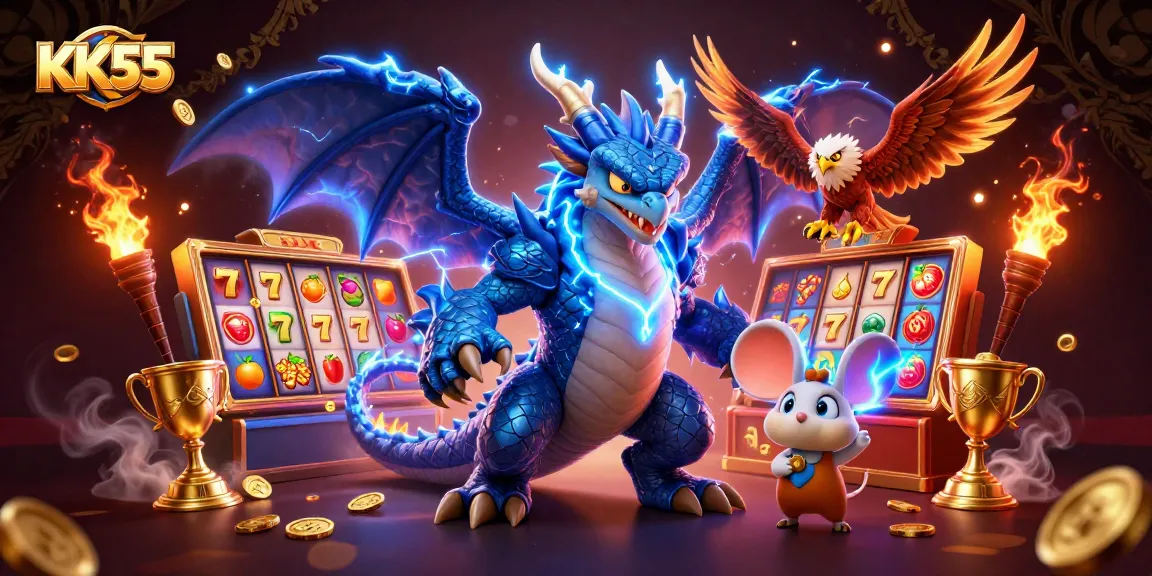 Win big with KK55's thrilling slots, energized by a powerful thunder dragon illustration.
