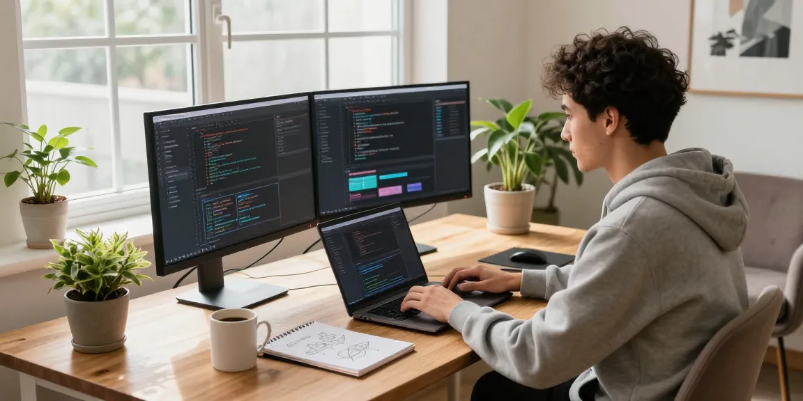 Developer using 纸飞机中文版 on dual monitors in a bright home office.