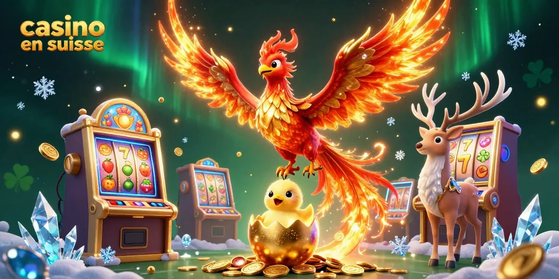 Illustration 3D d'un phoenix enflammé, machines à sous et lucioles, casino en suisse.