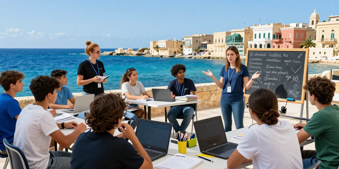 Studierende genießen Englischkurse in Malta in einem schönen Klassenzimmer im Freien mit mediterranem Blick.