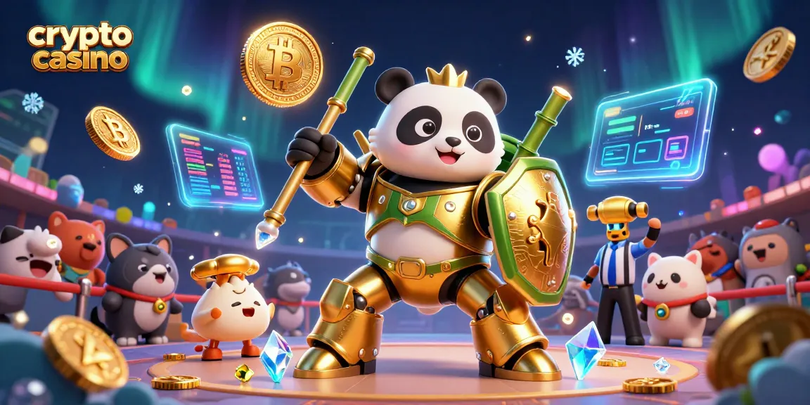 Jouez sur un crypto casino avec un panda doré et des symboles de Bitcoin et Ethereum illuminés.