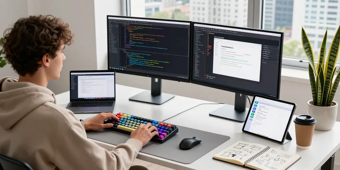 Developer at telegraimin.com workspace with dual monitors displaying code and design, creating a productive atmosphere.