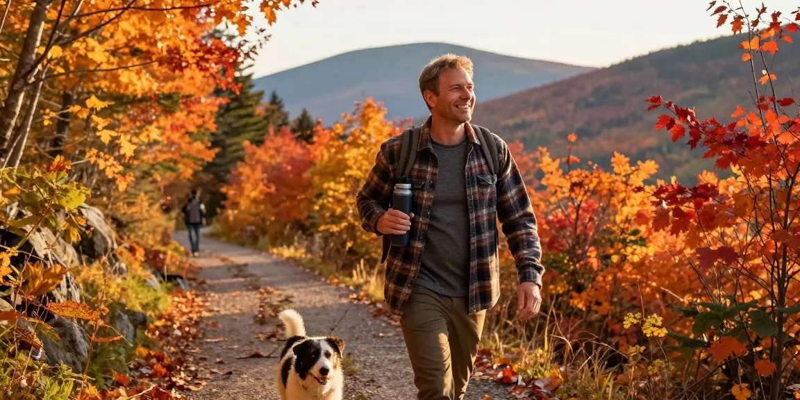 Serge Robichaud hiking in New Brunswick's fall foliage with vibrant autumn colors.