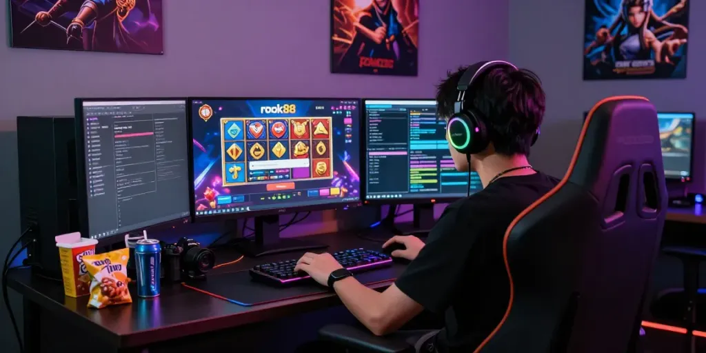 Player engaged in rokok88 slot login with dual monitors, snacks, and ambient lighting.