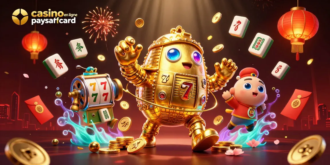 Plongez dans le monde du casino en ligne paysafecard avec un golem doré animé parmi des éléments festifs.