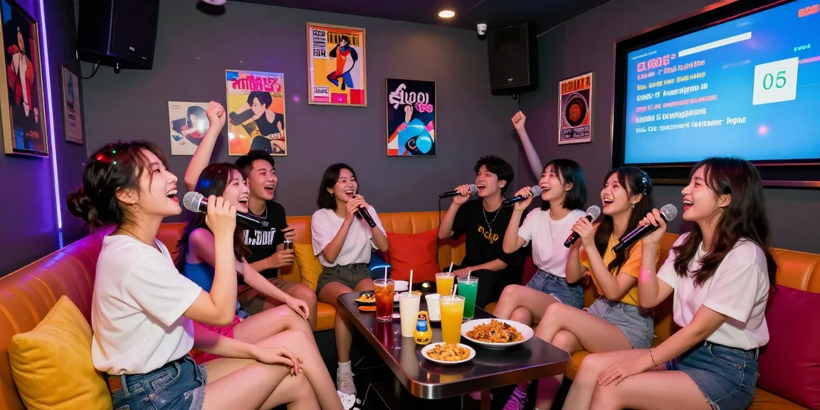 Friends enjoying 강남가라오케, singing together with vibrant lighting and drinks.
