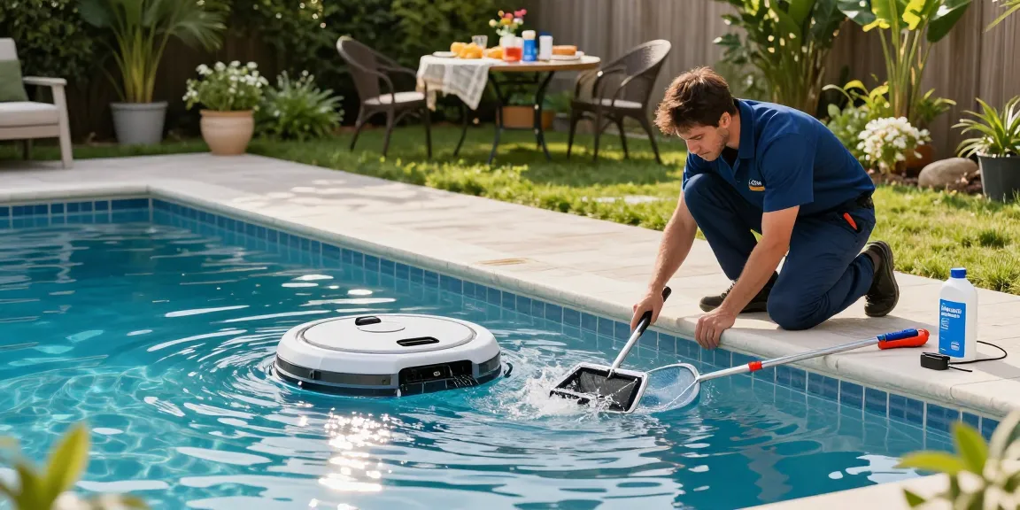 Professional servis bazena in a backyard pool with a technician cleaning and inspecting water quality.