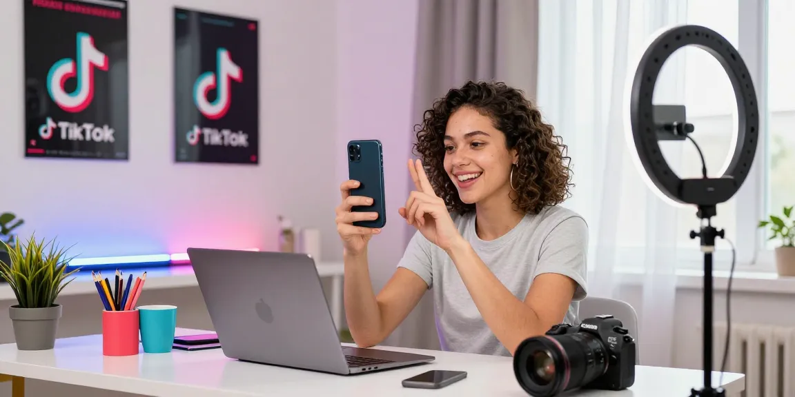 Dynamic TikTok buy views scene with influencer creating engaging content in a colorful room.