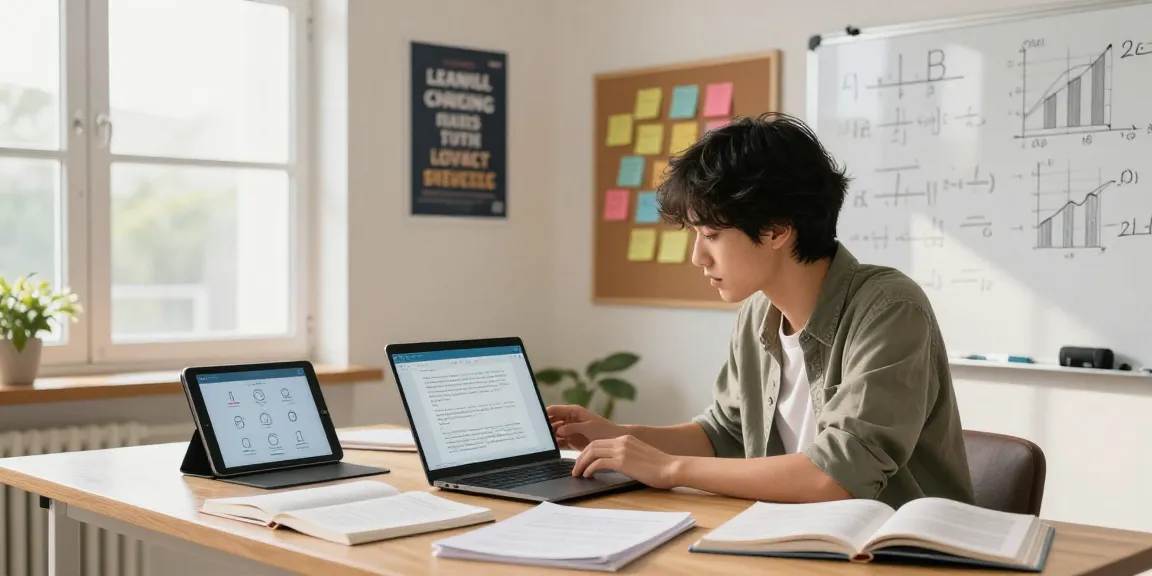 Student using a pdf homework helper on a laptop in a cozy study filled with textbooks and notes.
