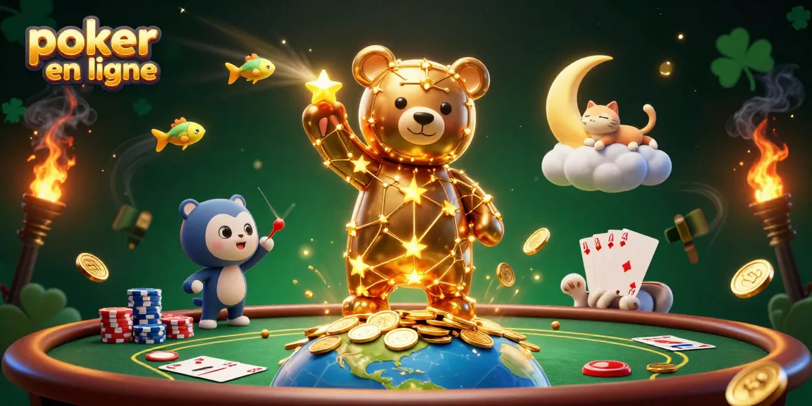 Jouer au poker en ligne avec des éléments dynamiques et une ambiance festive, incluant une illustration riche.
