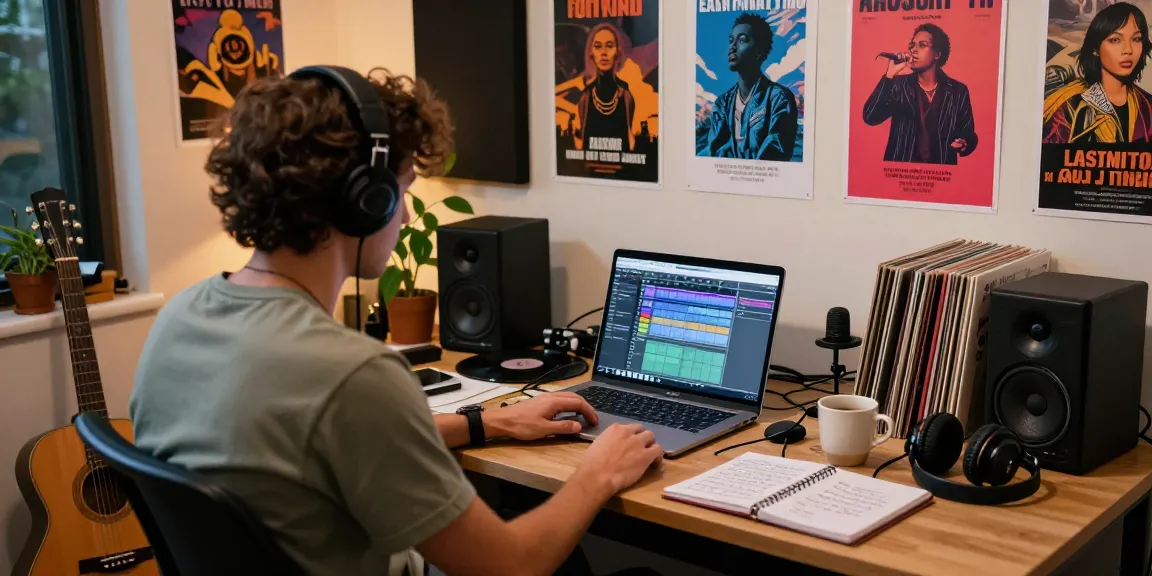 Musician creating engaging social media promotion content in a colorful studio.