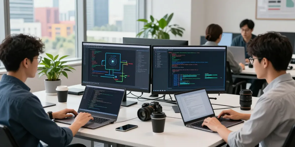Developers working on an age verification system in a modern tech office.