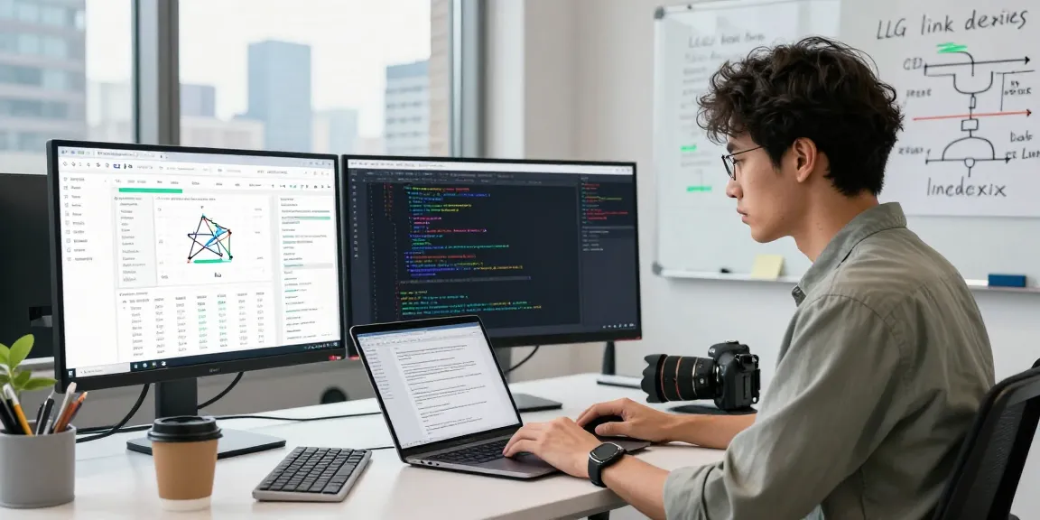 Professional workspace showcasing LLG link indexing strategies with data analytics dashboards and coding environment.