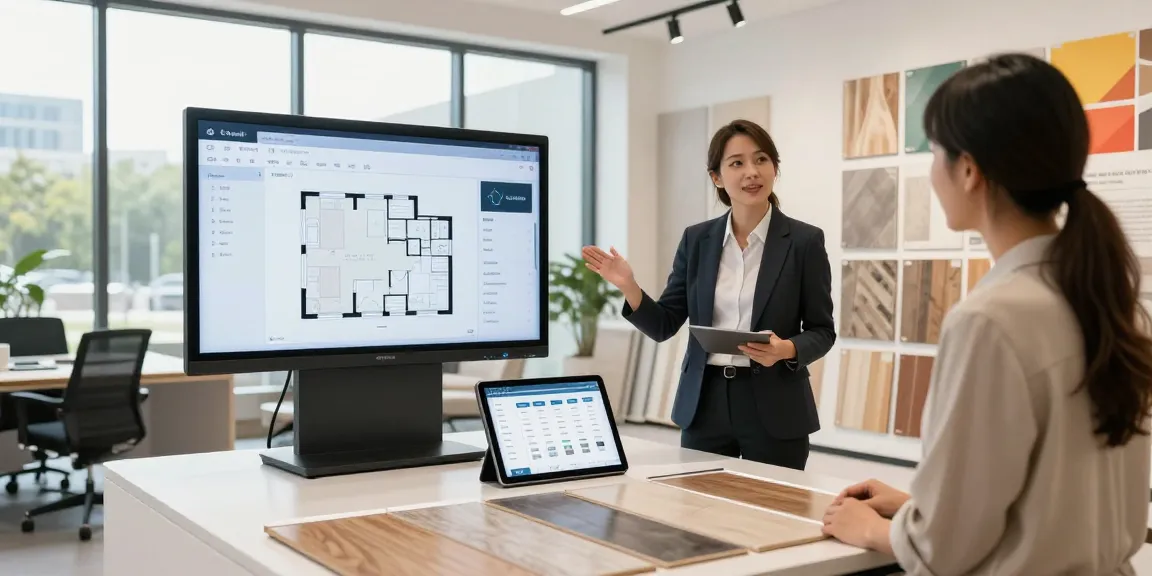 Flooring business software showcased in a modern showroom with a consultant assisting a client