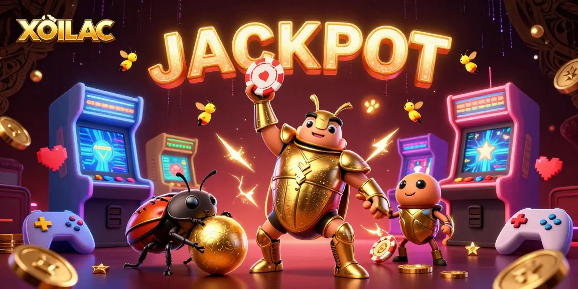 Experience the excitement of XOILAC with a heroic beetle winning a jackpot amidst vibrant casino elements.